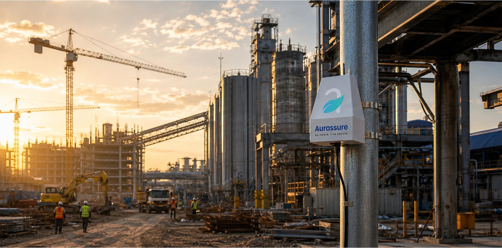 Construction dust monitoring device installed at an industrial construction site for real-time PM2.5, PM10, weather, and environmental compliance monitoring.