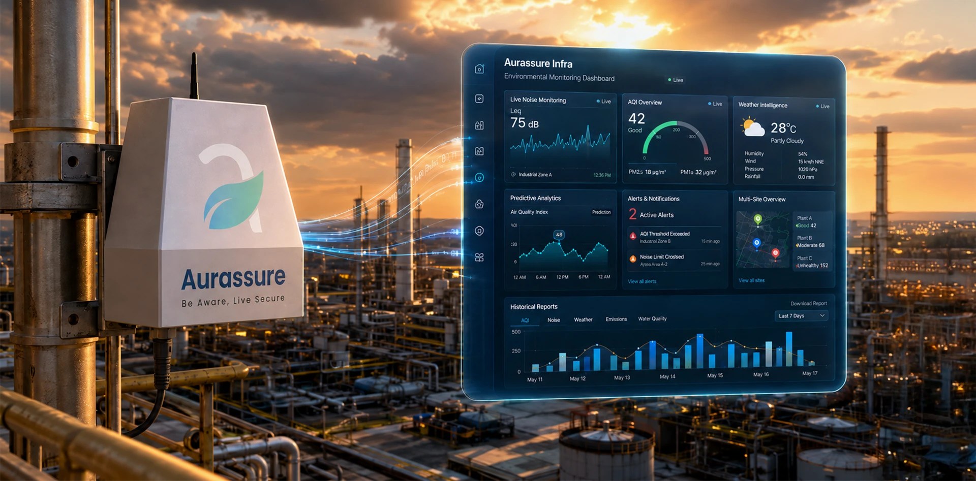 Aurassure Infra noise monitoring device installed at an industrial facility with a real-time environmental dashboard showing live noise levels, AQI, weather, alerts, and historical reports.