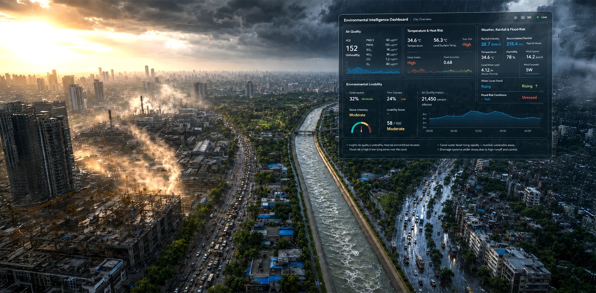Environmental data for smart cities integrated into a citywide dashboard showing air quality, urban heat, rainfall, canal water levels, flood risk, and livability indicators.