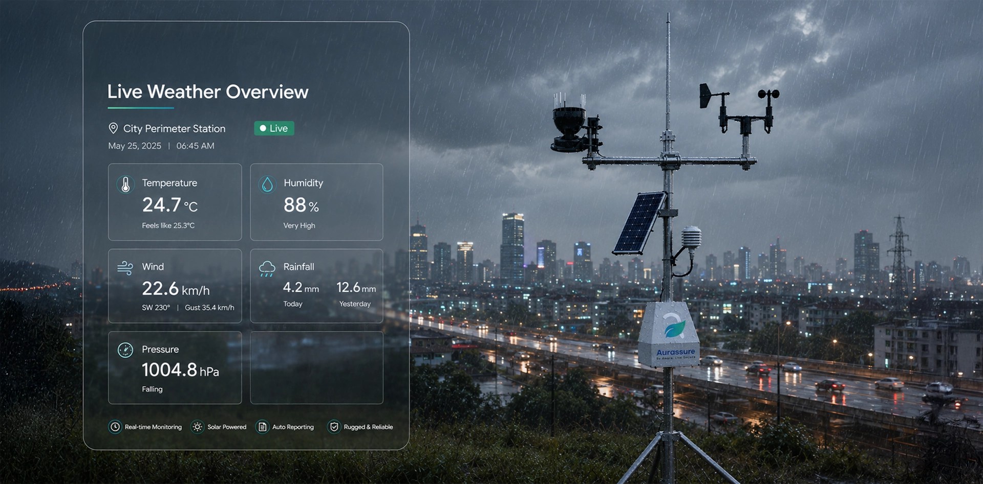 El Nino weather monitoring system showing real-time rainfall, humidity, wind, temperature, pressure, and noise data during intense urban monsoon conditions.