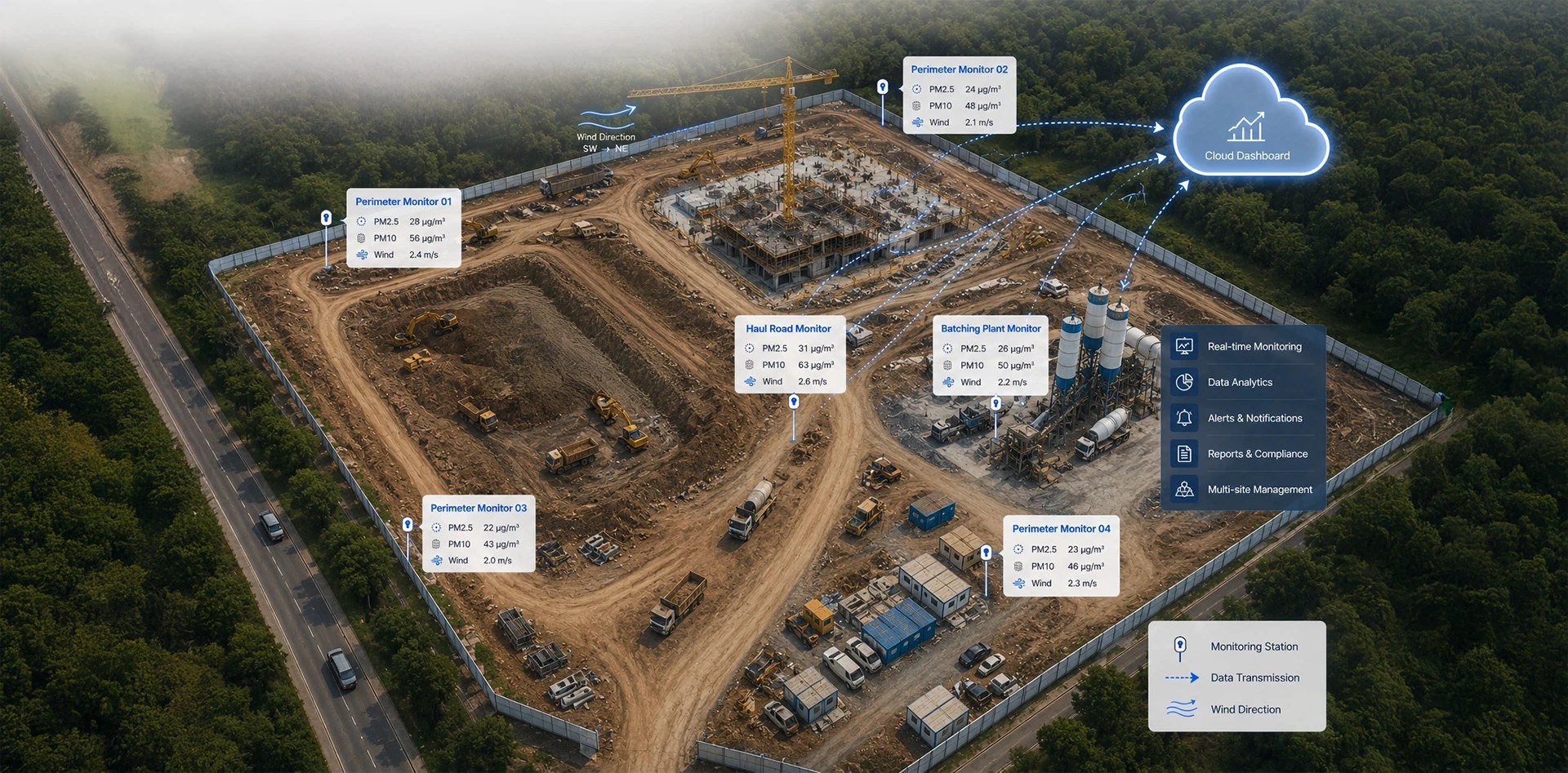 Construction dust monitoring network showing perimeter monitors, haul road and batching plant monitoring, cloud dashboard, and real-time PM2.5 and PM10 tracking.