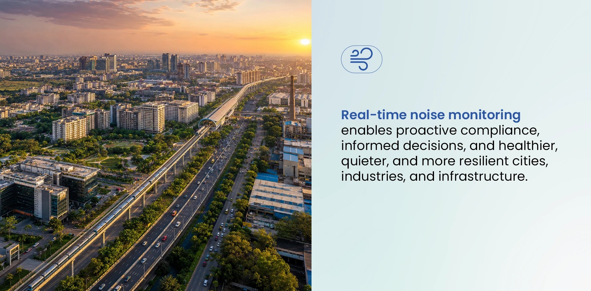 Real-time noise monitoring message beside an urban cityscape showing how continuous noise data supports compliance, better decisions, and healthier infrastructure.