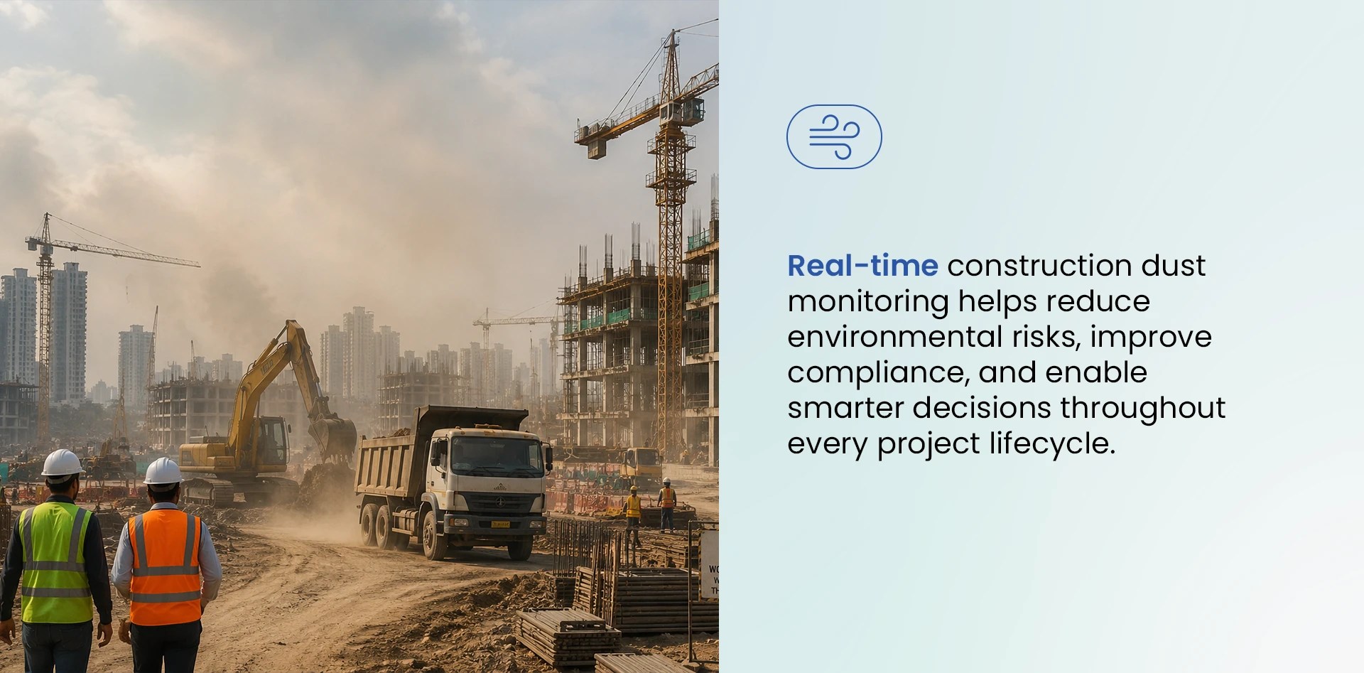 Construction dust monitoring at an active construction site showing heavy equipment and airborne dust to improve compliance, safety, and environmental management.
