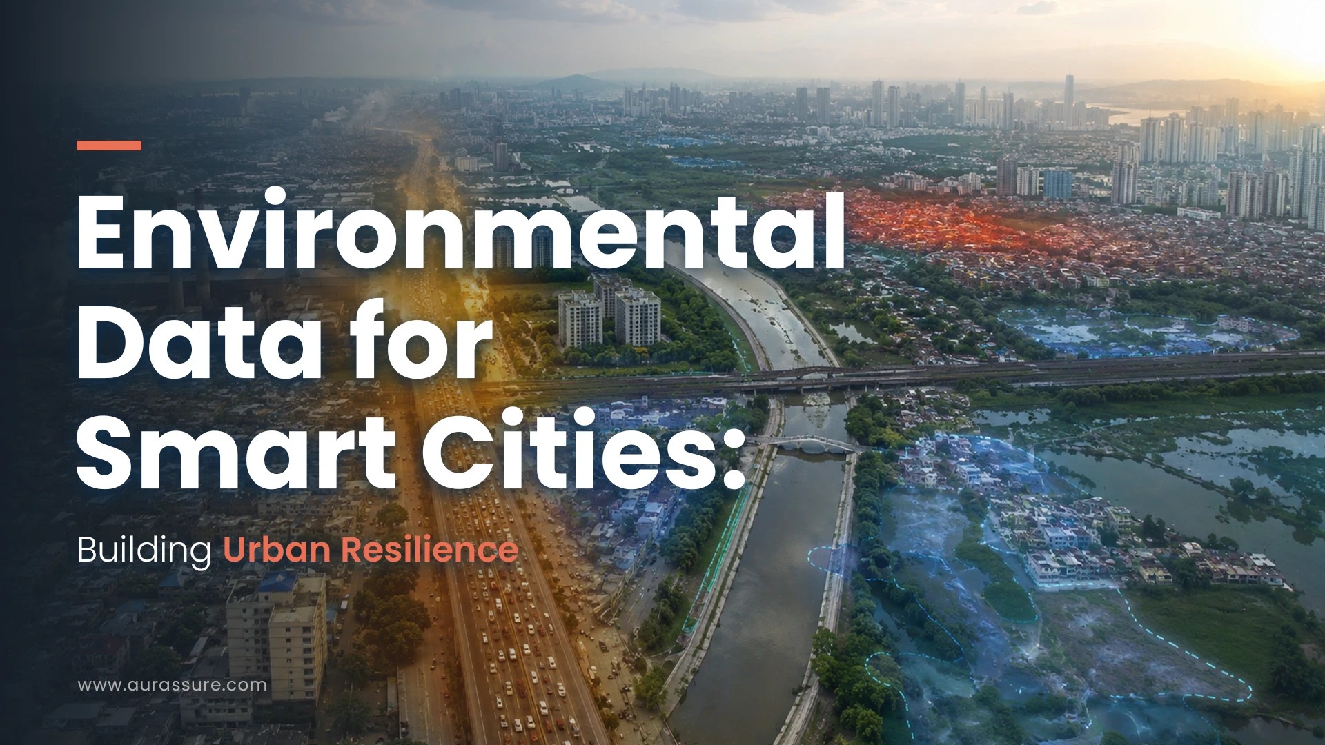 Environmental data for smart cities visualized across an urban landscape, highlighting air pollution, heat hotspots, rainfall, flooding, and resilient infrastructure.