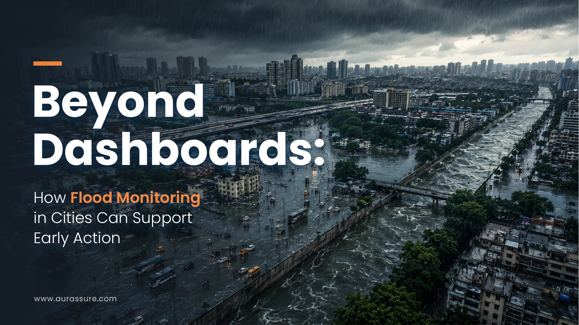 Flood monitoring in cities during severe monsoon rain, showing submerged roads, a swollen canal and high-rise neighbourhoods.