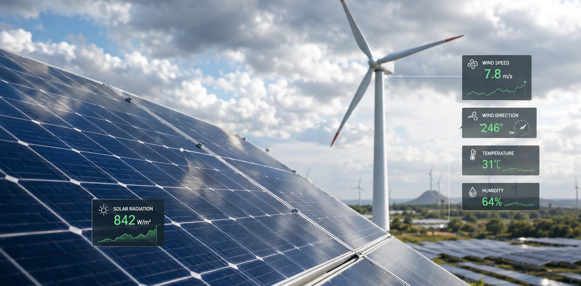 Weather Intelligence for Renewables showing solar panels and wind turbines with real-time solar radiation, wind speed, wind direction, temperature and humidity data.