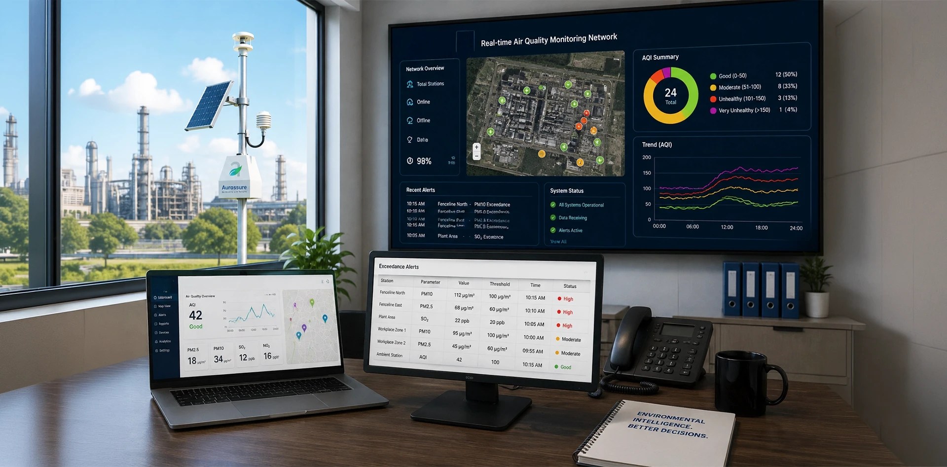 Industrial air quality monitoring dashboard showing real-time sensor network data, AQI trends, pollutant levels and exceedance alerts for an industrial plant.