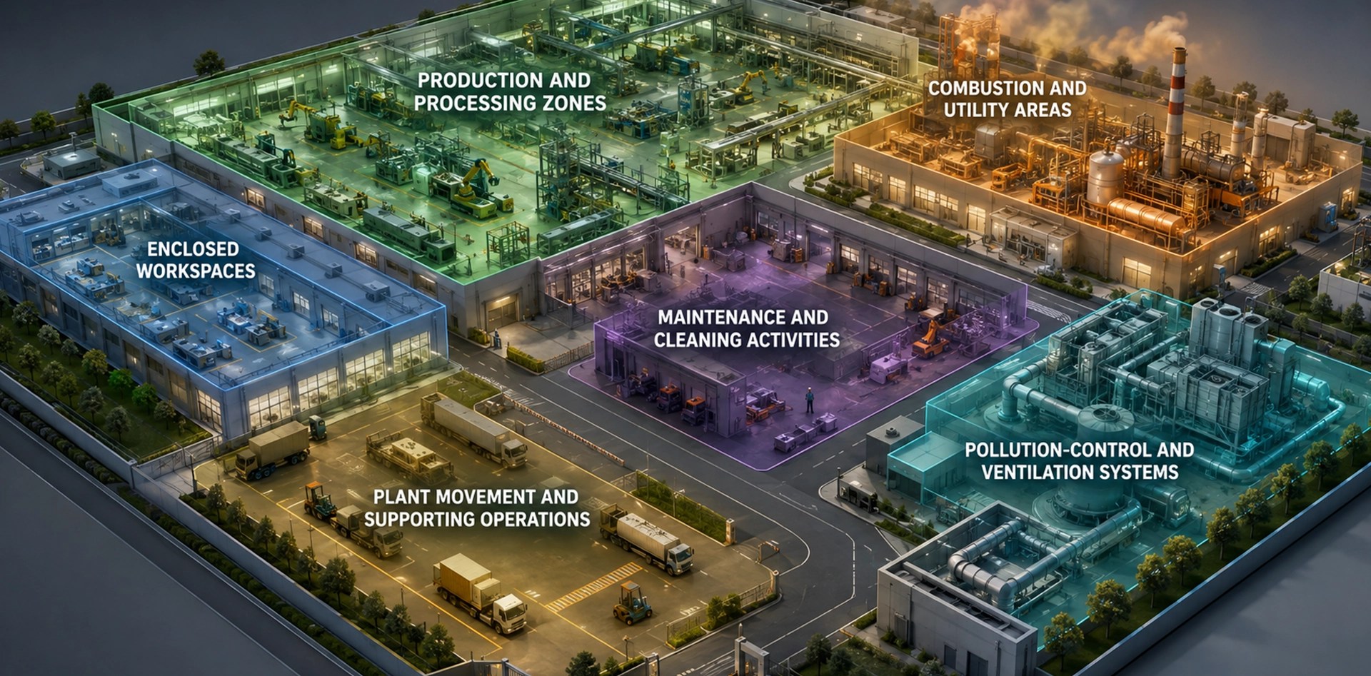 Air quality monitoring in factories across production zones, enclosed workspaces, utility areas, maintenance zones, transport operations, and ventilation systems.
