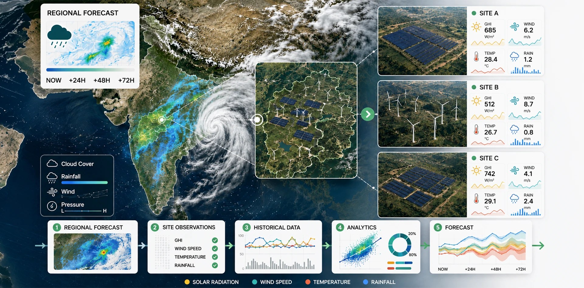 Weather Intelligence for Renewables showing regional weather forecasts, site-level solar and wind observations, historical data, analytics and renewable energy forecasting.