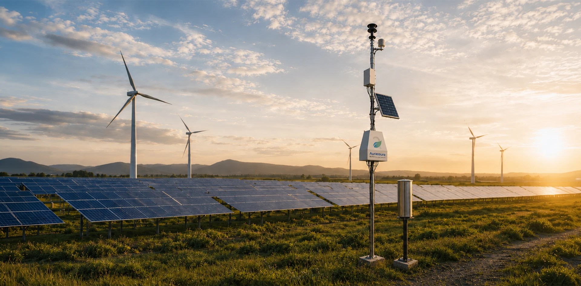 Weather Intelligence for Renewables with an Aurassure automatic weather station monitoring solar and wind energy assets at a renewable energy site.