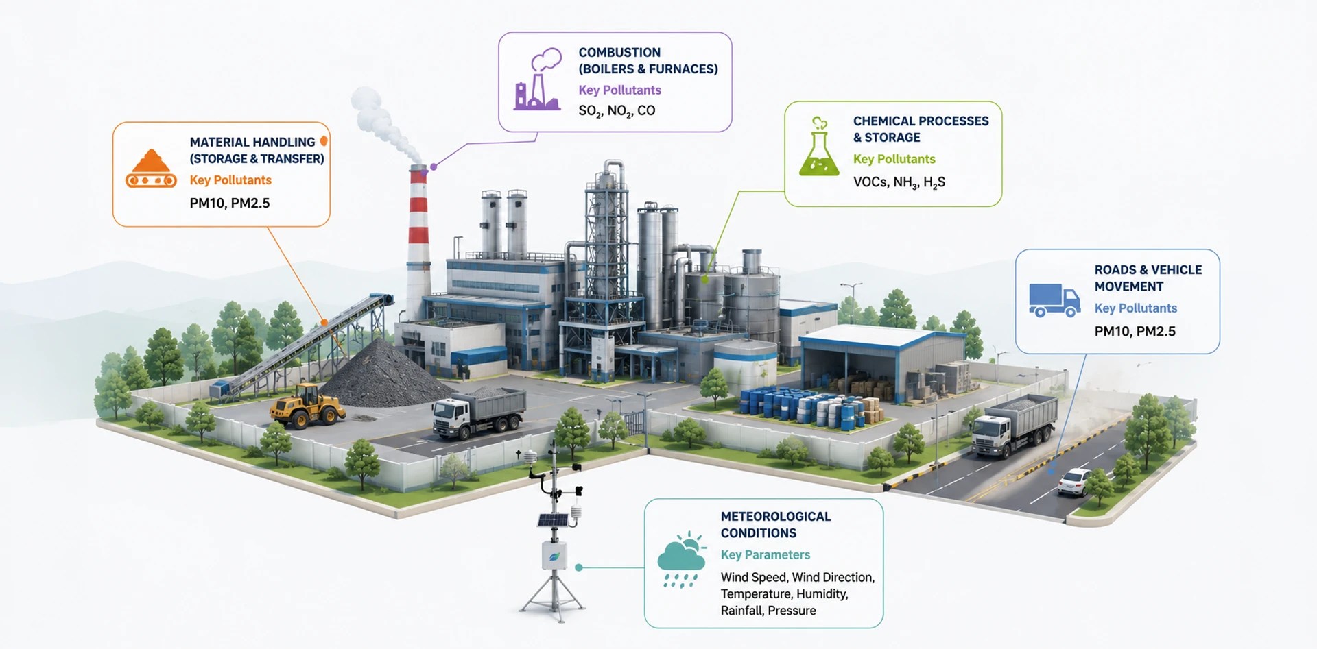 Industrial air quality monitoring showing major pollution sources including material handling, combustion, chemical processes, vehicle movement and weather conditions.