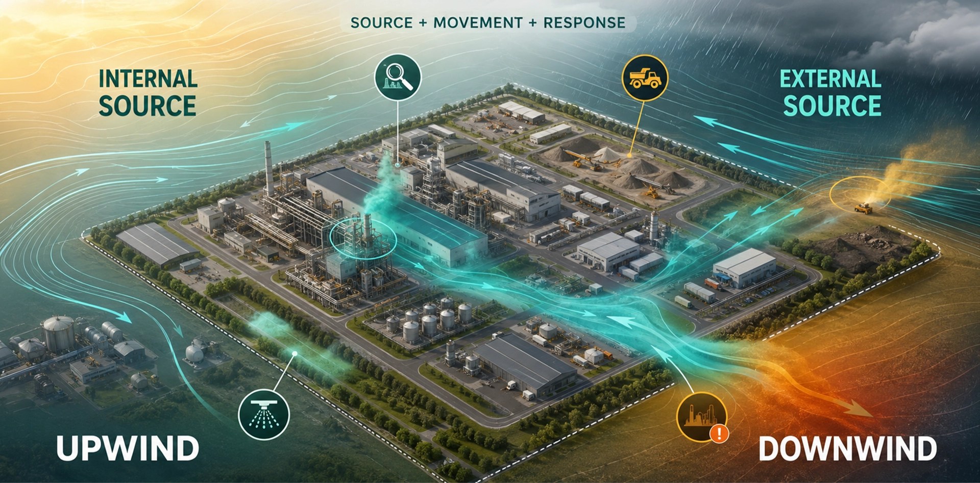 Air quality monitoring in factories using upwind and downwind data, wind direction, weather conditions, and source tracking to distinguish internal and external pollution.
