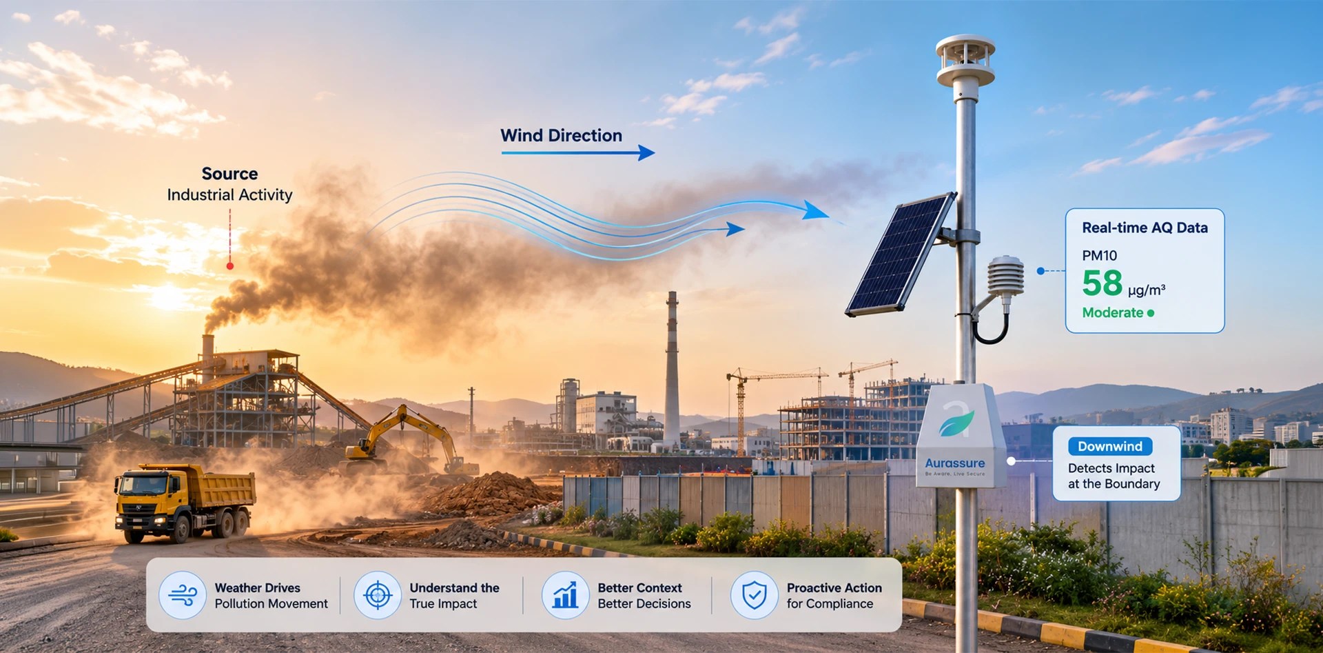 Industrial air quality monitoring showing wind-driven pollution movement from an industrial source to a downwind boundary monitoring station with real-time PM10 data.
