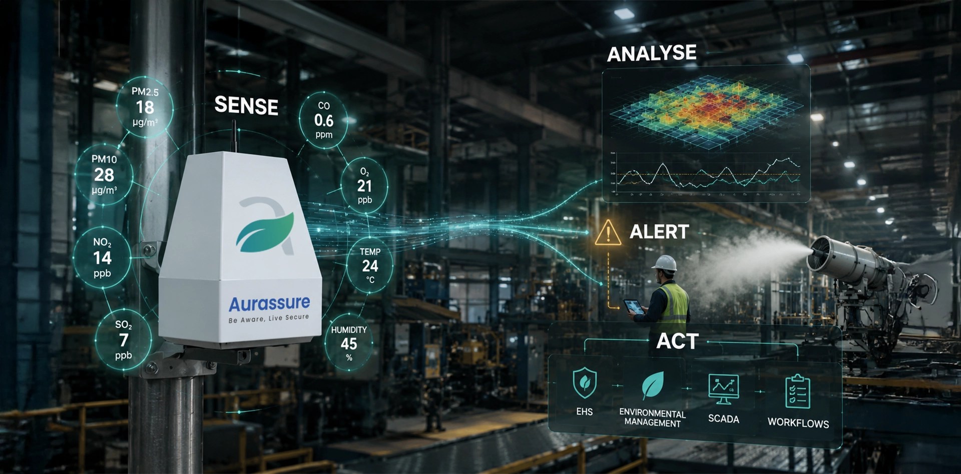 Air quality monitoring in factories using Aurassure sensors to measure pollutants, analyse hotspots, generate alerts, and support coordinated environmental action.