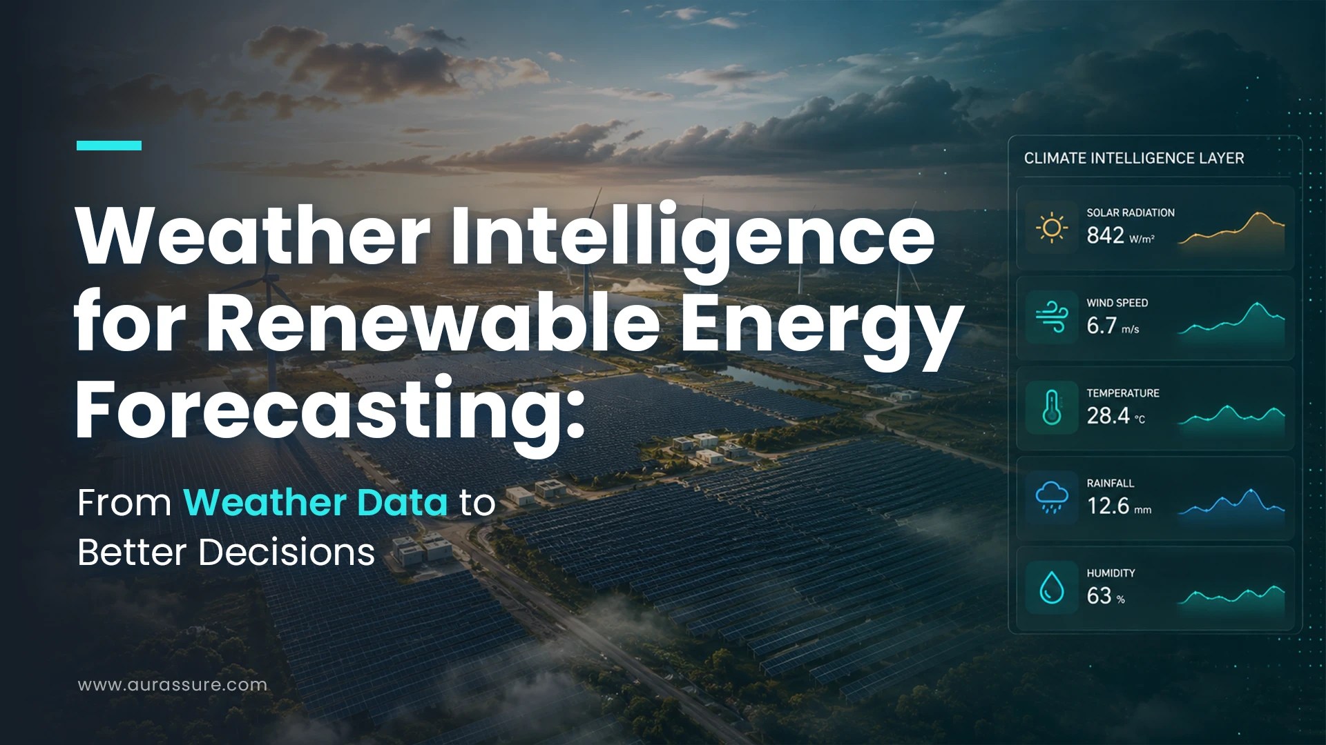 Weather Intelligence for Renewables showing solar and wind energy sites with real-time solar radiation, wind speed, temperature, rainfall and humidity data.