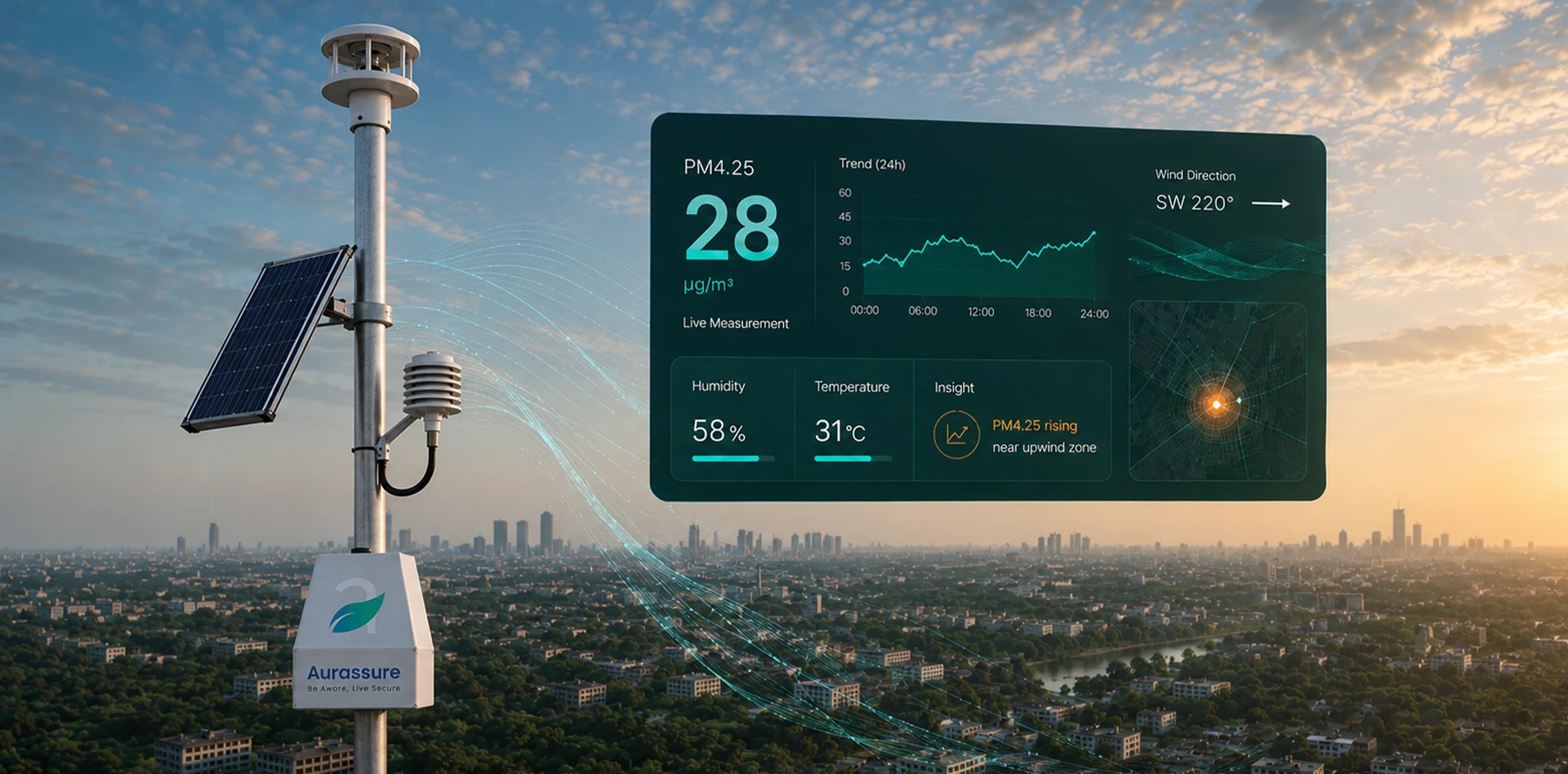 Ambient air quality monitoring system showing PM4.25 measurement, wind direction, humidity, temperature, trends and environmental intelligence insights.