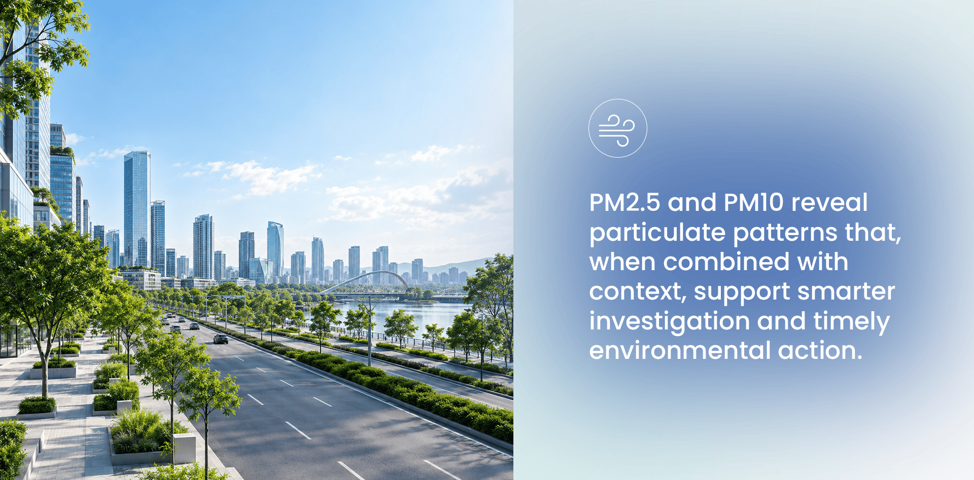 PM2.5 vs PM10 environmental monitoring concept showing a clean urban corridor and how particulate patterns support smarter air quality investigation.
