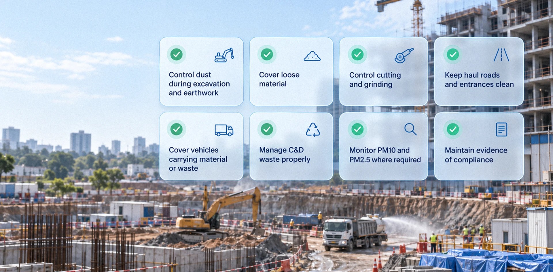 Construction Dust compliance checklist showing excavation control, covered materials, clean haul roads, C&D waste management, PM10 and PM2.5 monitoring, and compliance records.