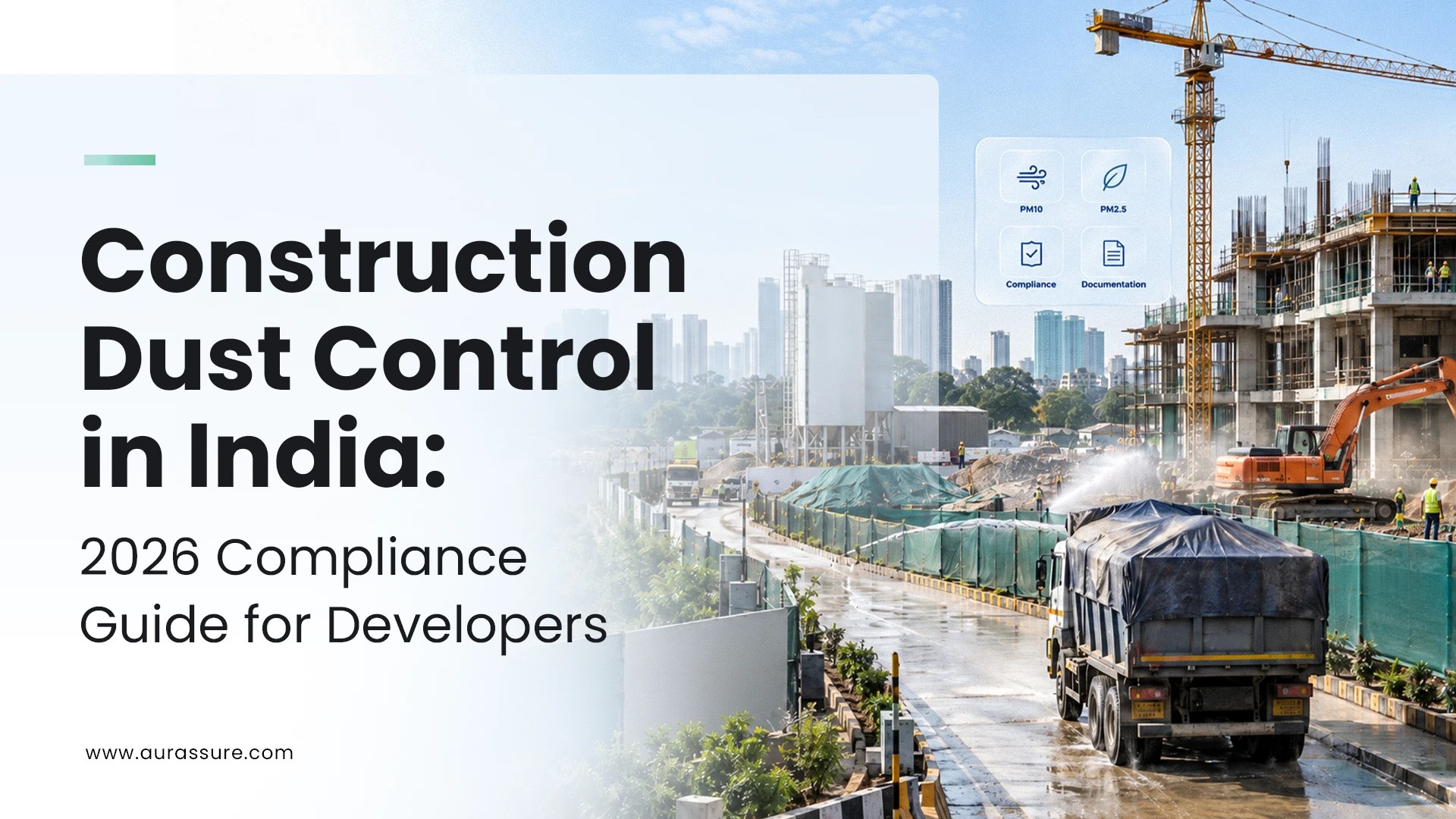 Construction Dust control in India at an active construction site with water sprinkling, covered trucks and PM10 and PM2.5 monitoring.
