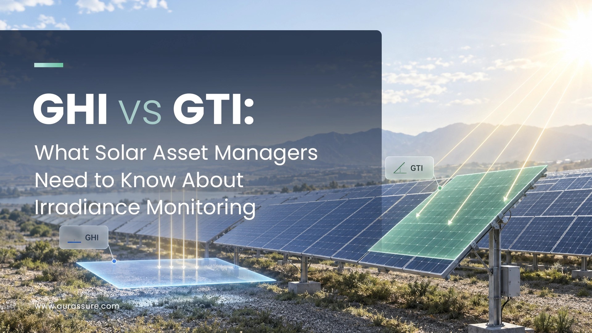 GHI vs GTI solar irradiance monitoring showing horizontal and tilted irradiance measurements across a solar PV plant.
