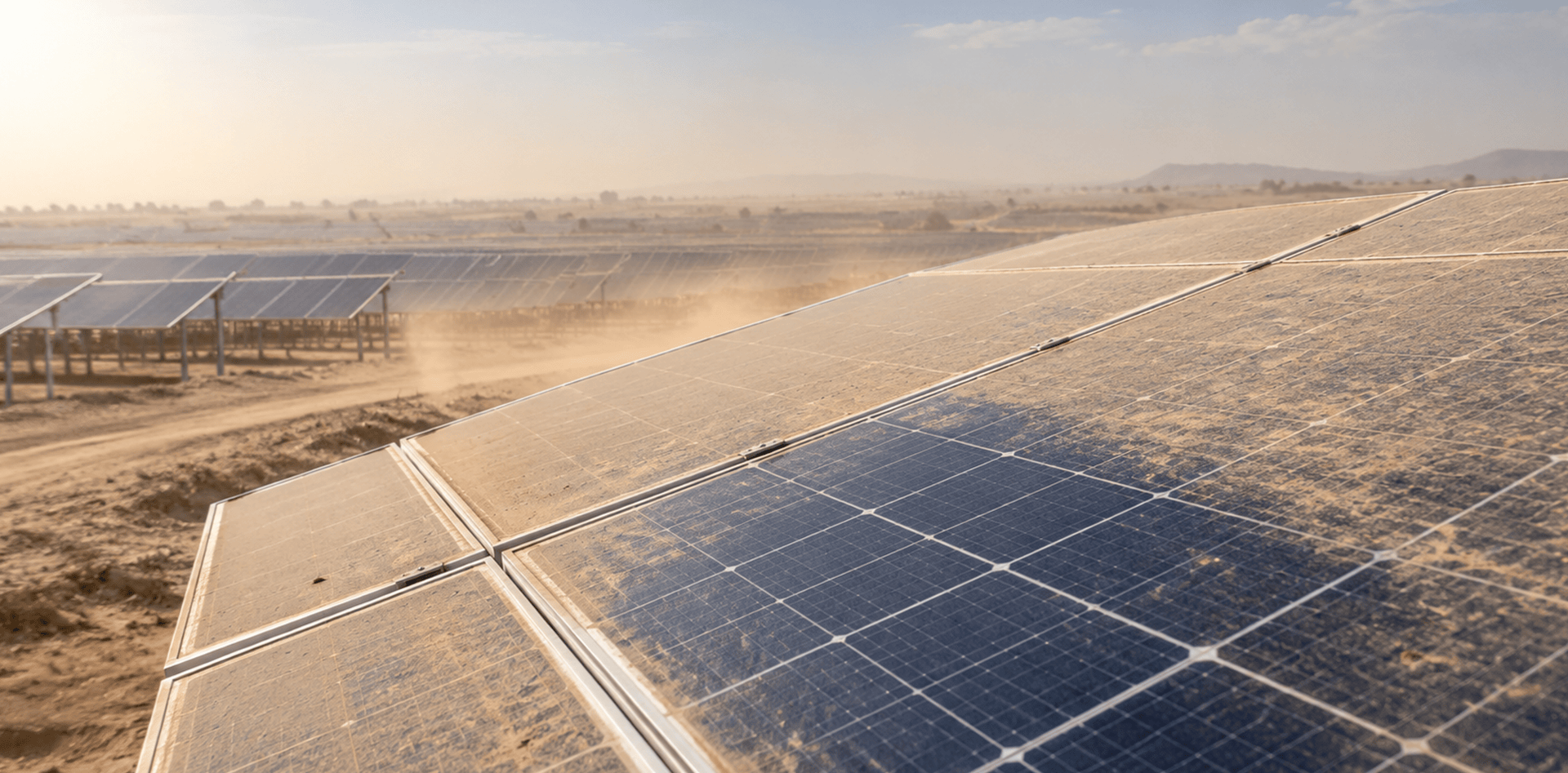 Dust-covered solar panels at a solar power plant, showing how airborne particles and soiling can affect photovoltaic performance.
