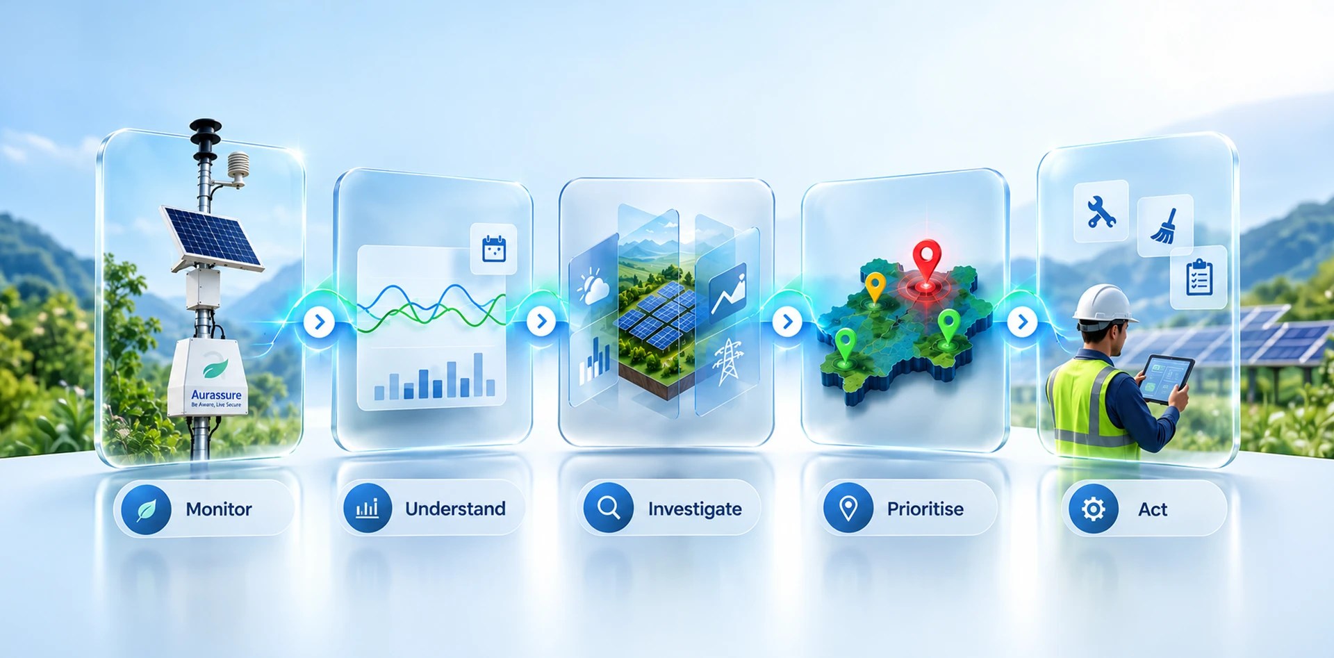 GHI vs GTI solar asset management workflow showing monitoring, analysis, investigation, prioritisation and operational action for PV plants.
