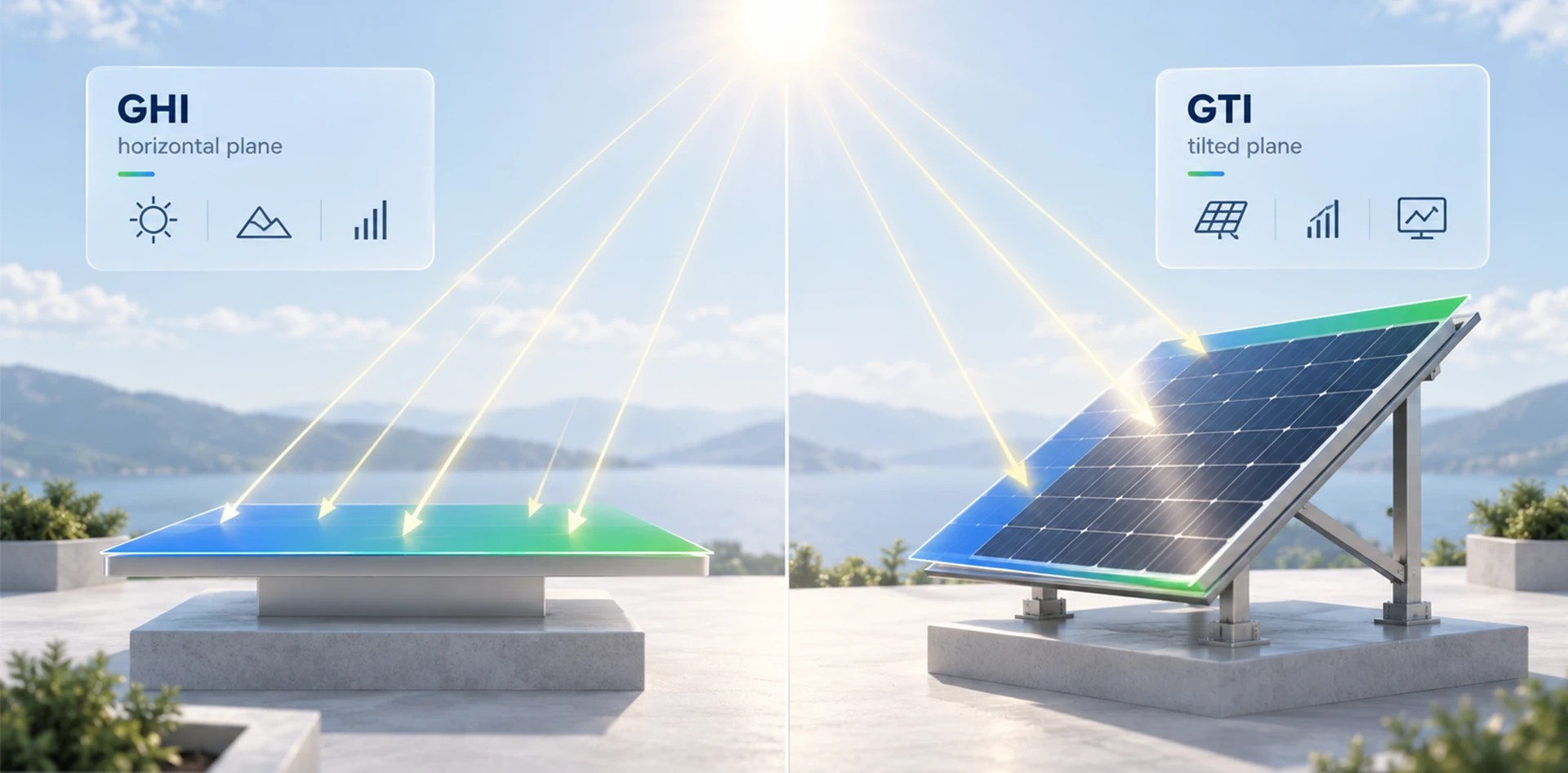 GHI vs GTI comparison showing solar irradiance measured on a horizontal plane versus a tilted solar PV panel.