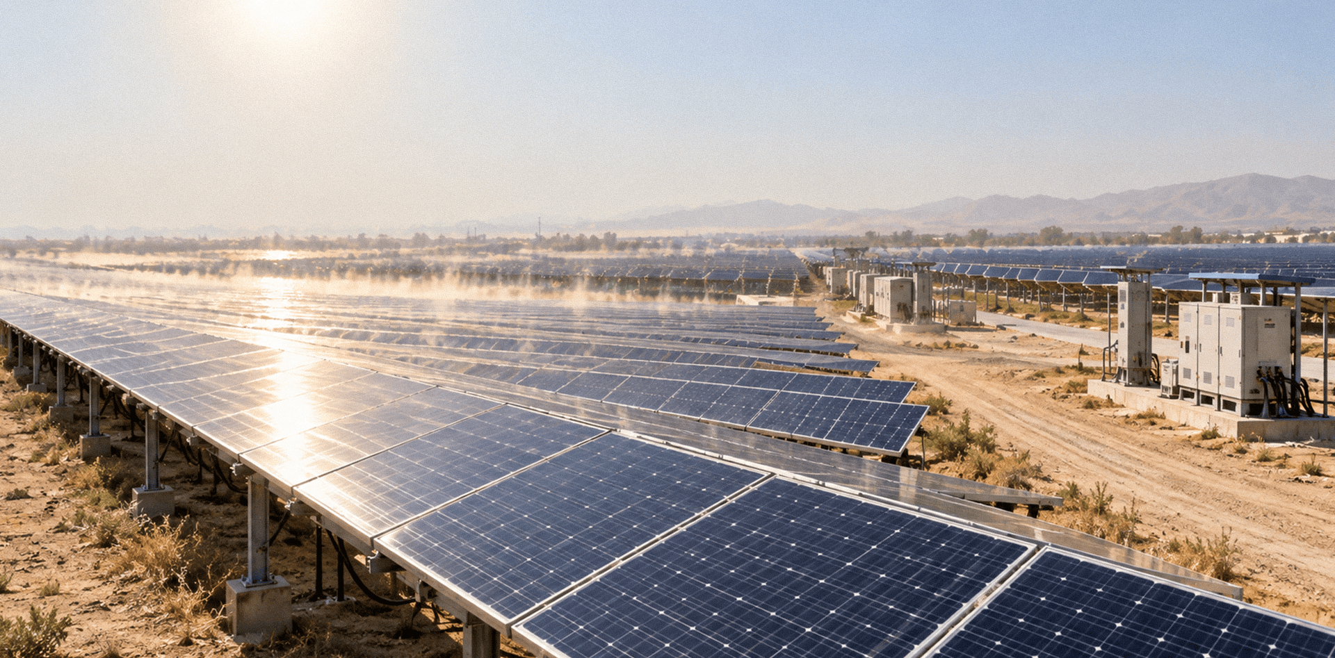 Extreme heat impact on solar power plants, showing photovoltaic panels operating under intense sunlight and high-temperature conditions.