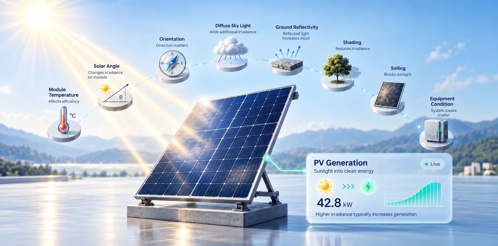 GHI vs GTI solar performance monitoring showing how irradiance, temperature, shading, soiling and equipment conditions affect PV generation.