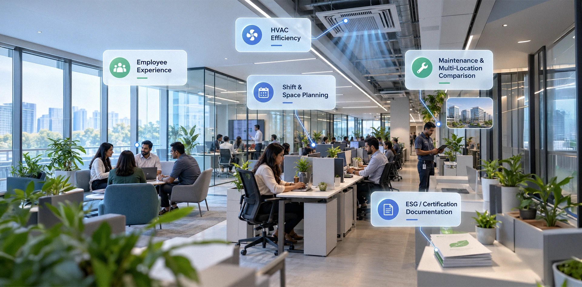 Indoor air quality monitoring in a GCC office supporting employee experience, HVAC efficiency, shift planning, maintenance, multi-location management and ESG reporting.