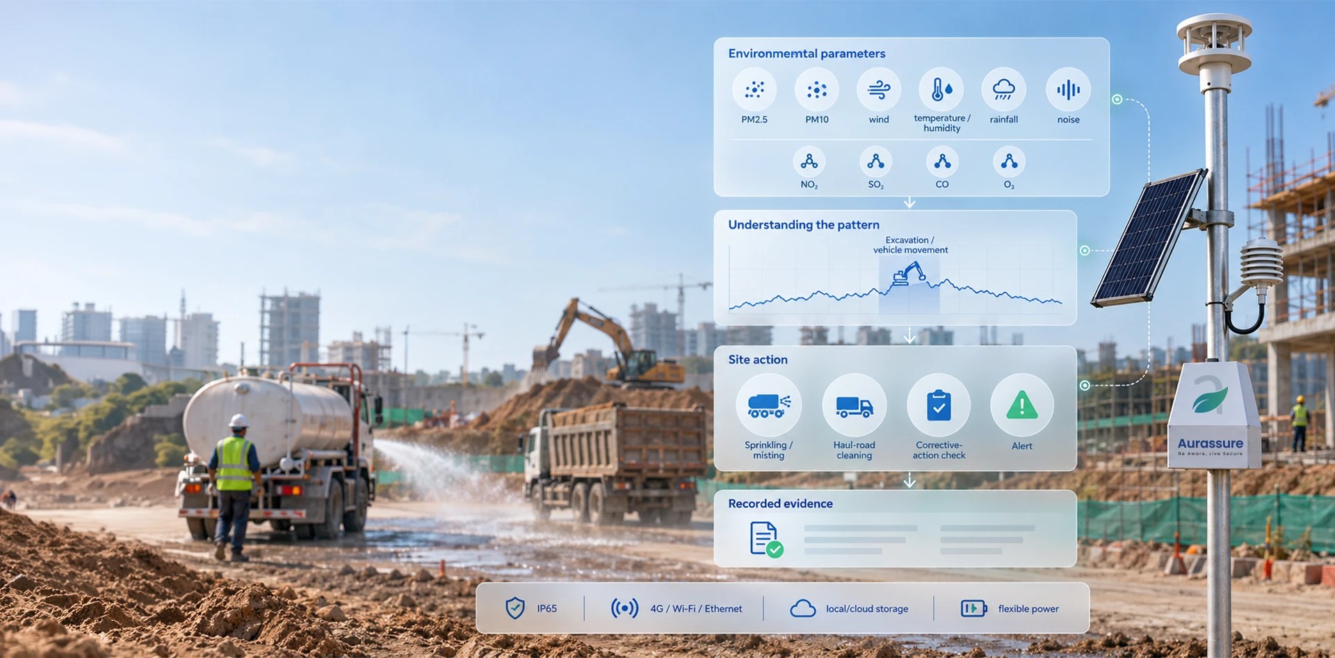 Construction Dust monitoring system at an active site showing PM2.5, PM10, weather data, dust trends, alerts and corrective site actions.
