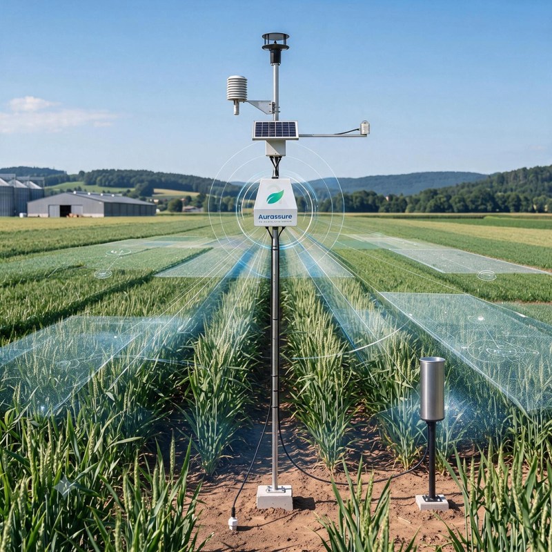 Hyperlocal weather station serving a cluster of agricultural plots for crop risk assessment