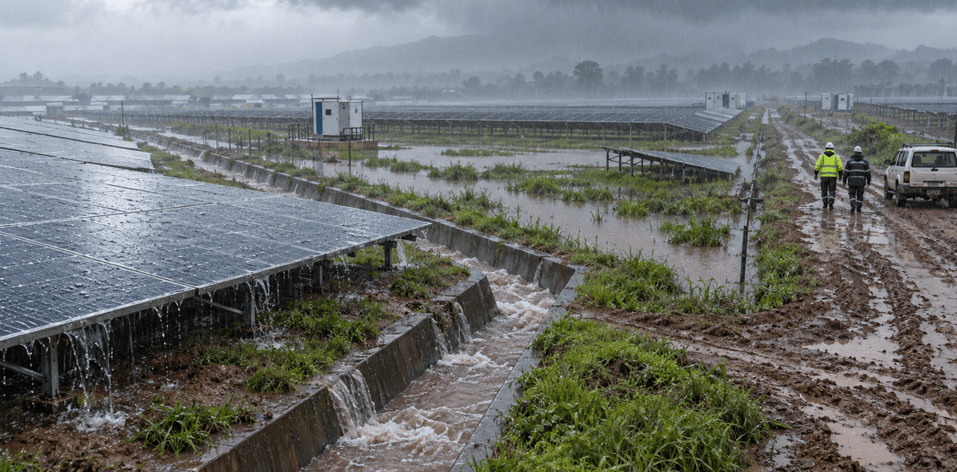 Heavy rainfall and flooding at a solar power plant, showing waterlogged site conditions, drainage overflow and restricted access for operators.
