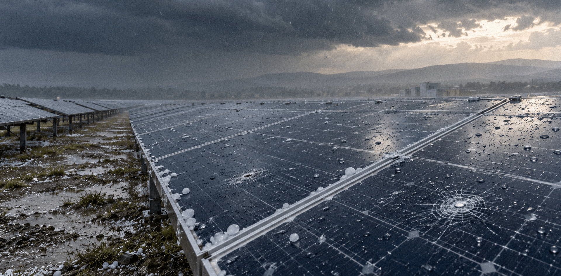 Hailstorm impacting solar panels at a solar power plant, with large hailstones, heavy rain and visible panel damage during severe weather.