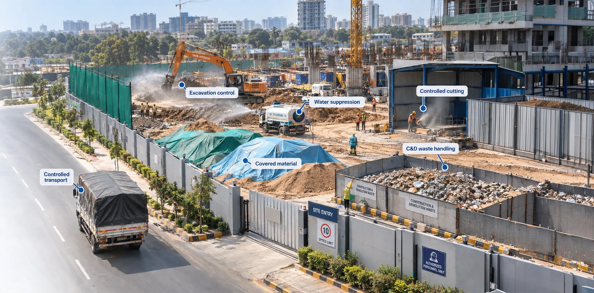 Construction Dust control measures at a construction site showing excavation control, water suppression, covered materials, controlled cutting, covered transport and C&D waste handling.