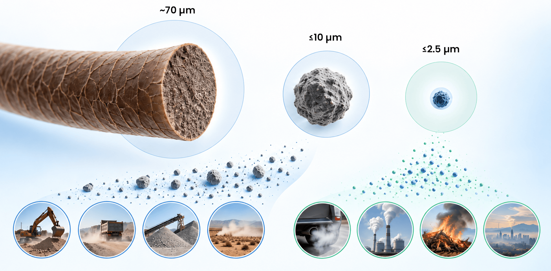 PM2.5 vs PM10 particle size comparison showing PM10 up to 10 µm, PM2.5 up to 2.5 µm and a 70 µm human hair with common pollution sources.