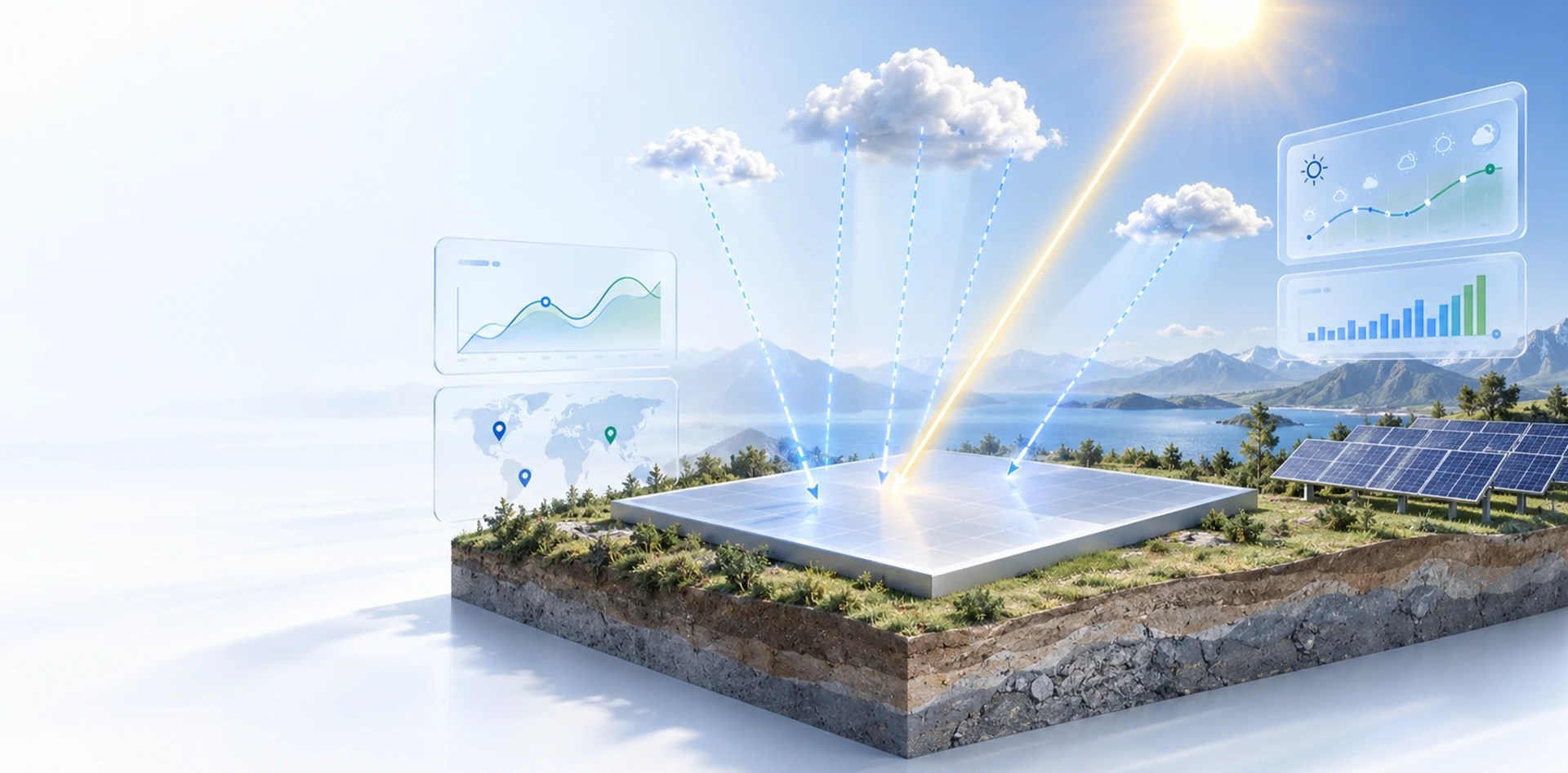 GHI vs GTI solar irradiance monitoring showing direct and diffuse sunlight reaching a solar PV site with weather analytics.