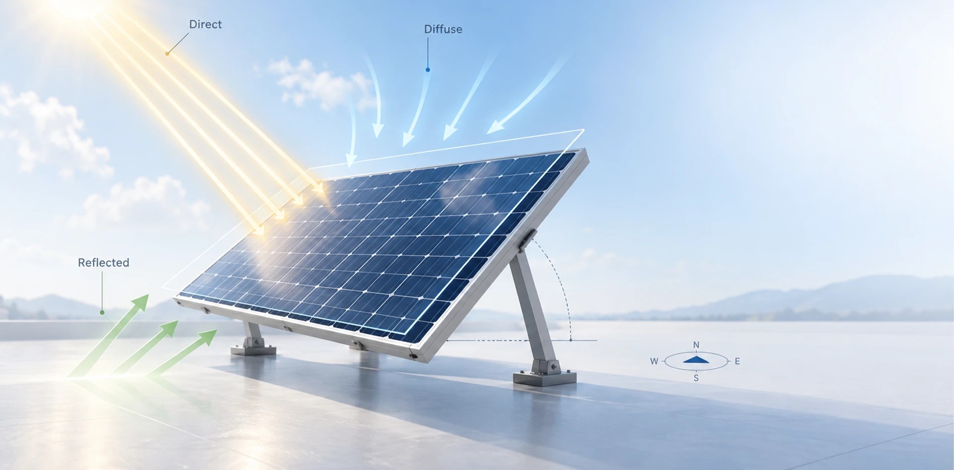 GHI vs GTI solar irradiance diagram showing direct, diffuse and reflected radiation reaching a tilted solar PV panel.