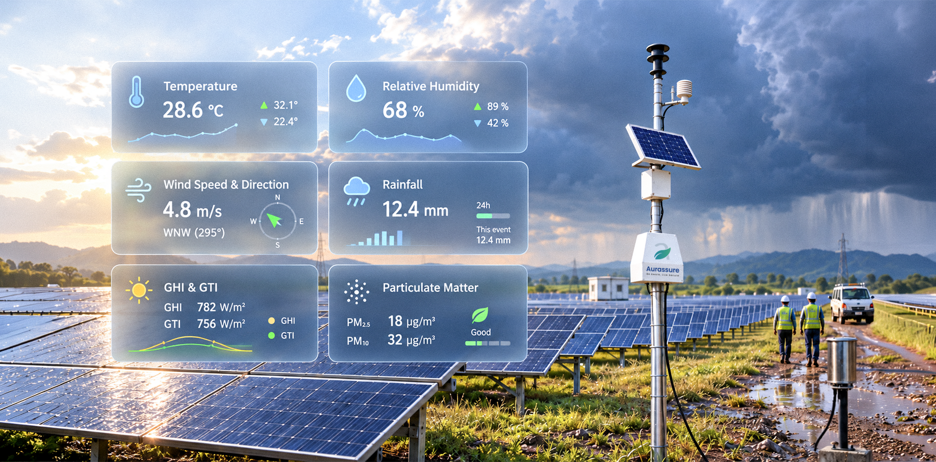 Solar power plant weather monitoring system tracking temperature, humidity, wind, rainfall, GHI, GTI and particulate matter during changing weather conditions.