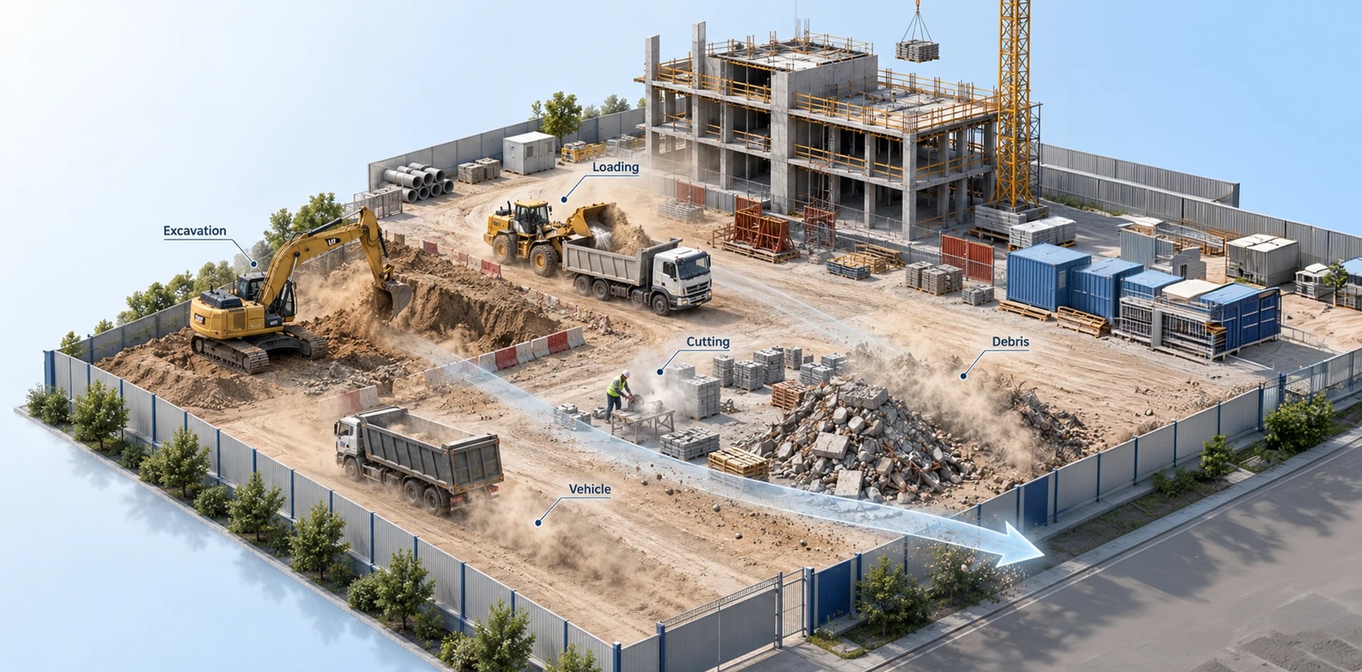 Construction Dust sources at an active construction site, including excavation, loading, cutting, vehicle movement and uncovered debris.