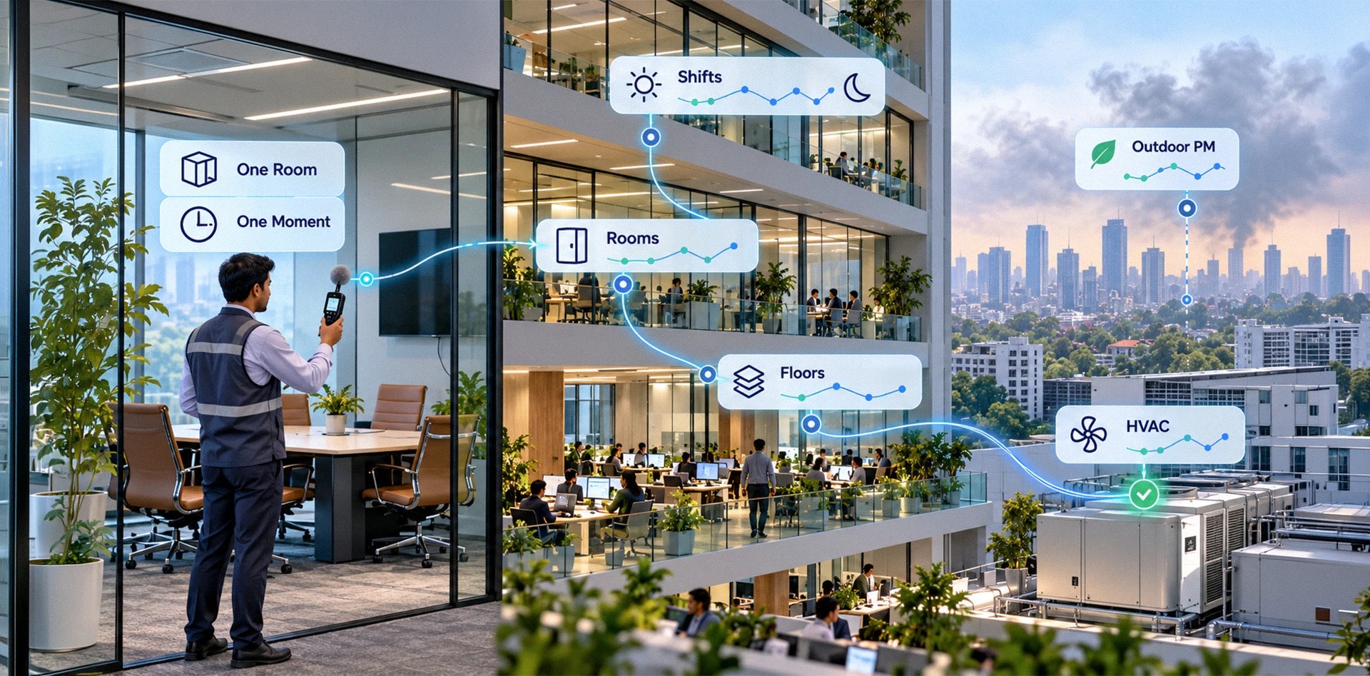 Indoor air quality monitoring across GCC rooms, floors and shifts, tracking outdoor particulate matter and HVAC performance over time.