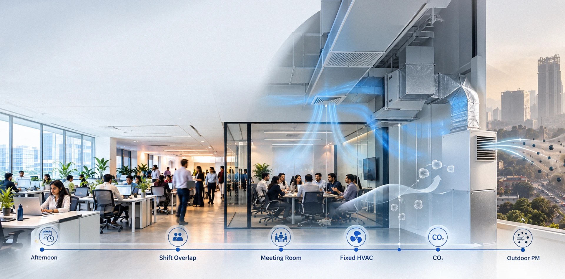Indoor air quality monitoring in a GCC office showing changing occupancy, fixed HVAC ventilation, rising CO₂ and outdoor particulate matter entering the workplace.