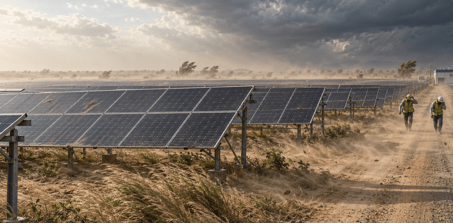 High winds impacting a solar power plant, with dust, storm clouds and workers moving through a solar farm during severe weather.