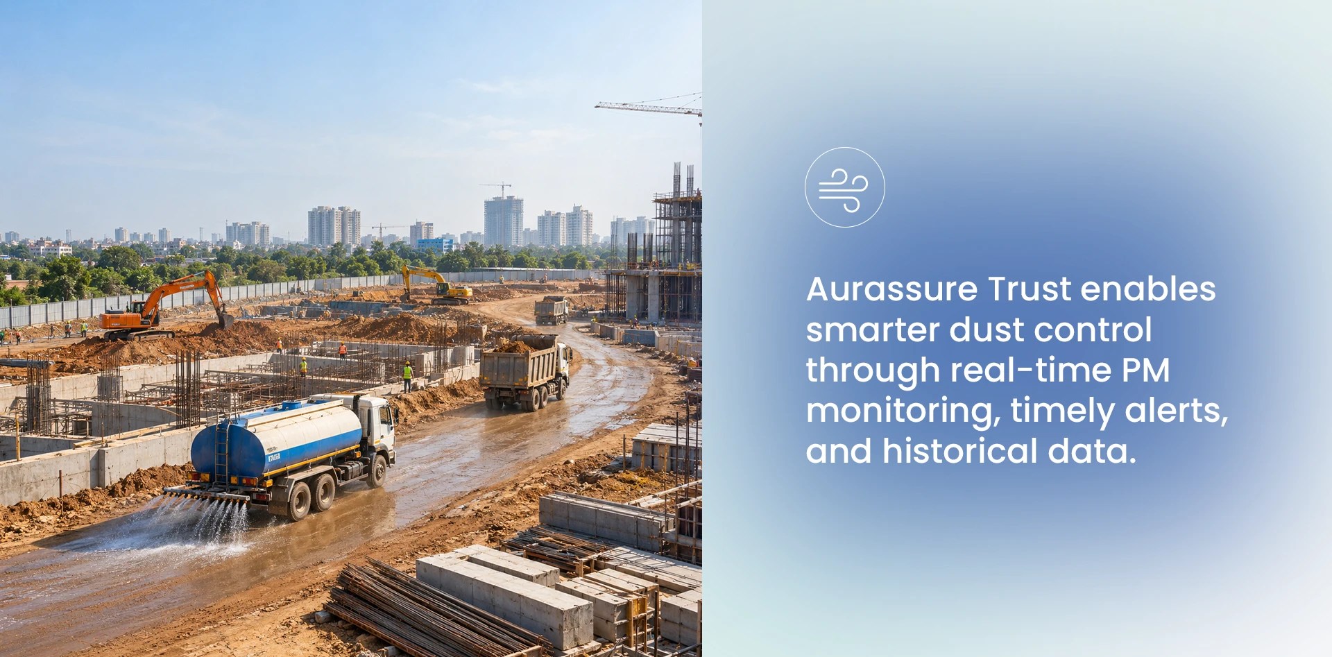 Upwind vs Downwind Monitoring for Dust Control with Aurassure Trust, showing a water tanker suppressing construction dust on an active haul road.