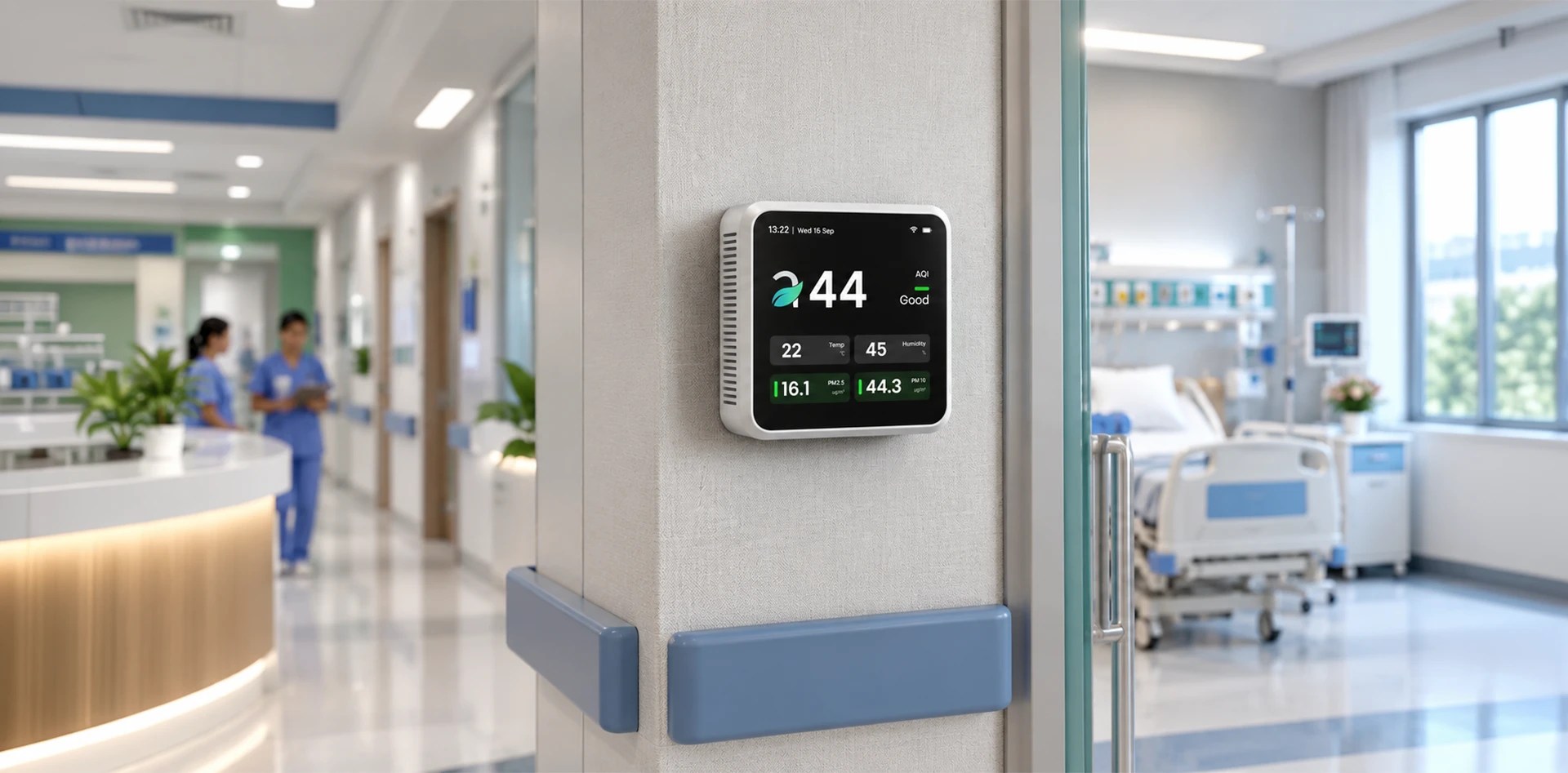 Indoor air quality monitoring in hospitals using a wall-mounted Aurassure Care sensor to track air quality in patient-care areas.