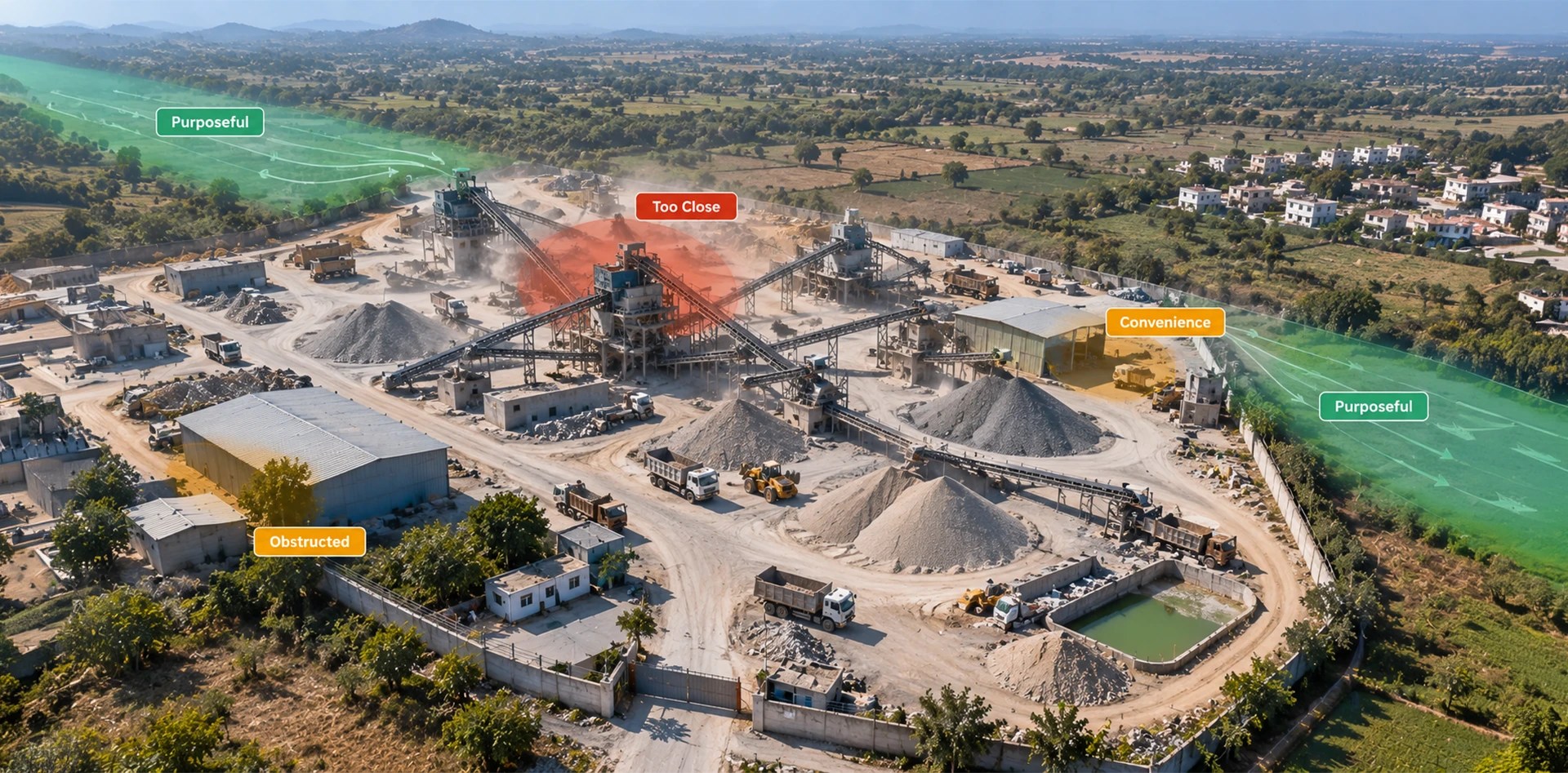 PM10 monitoring around stone crushers showing correct and incorrect air quality sensor placement around a crushing site