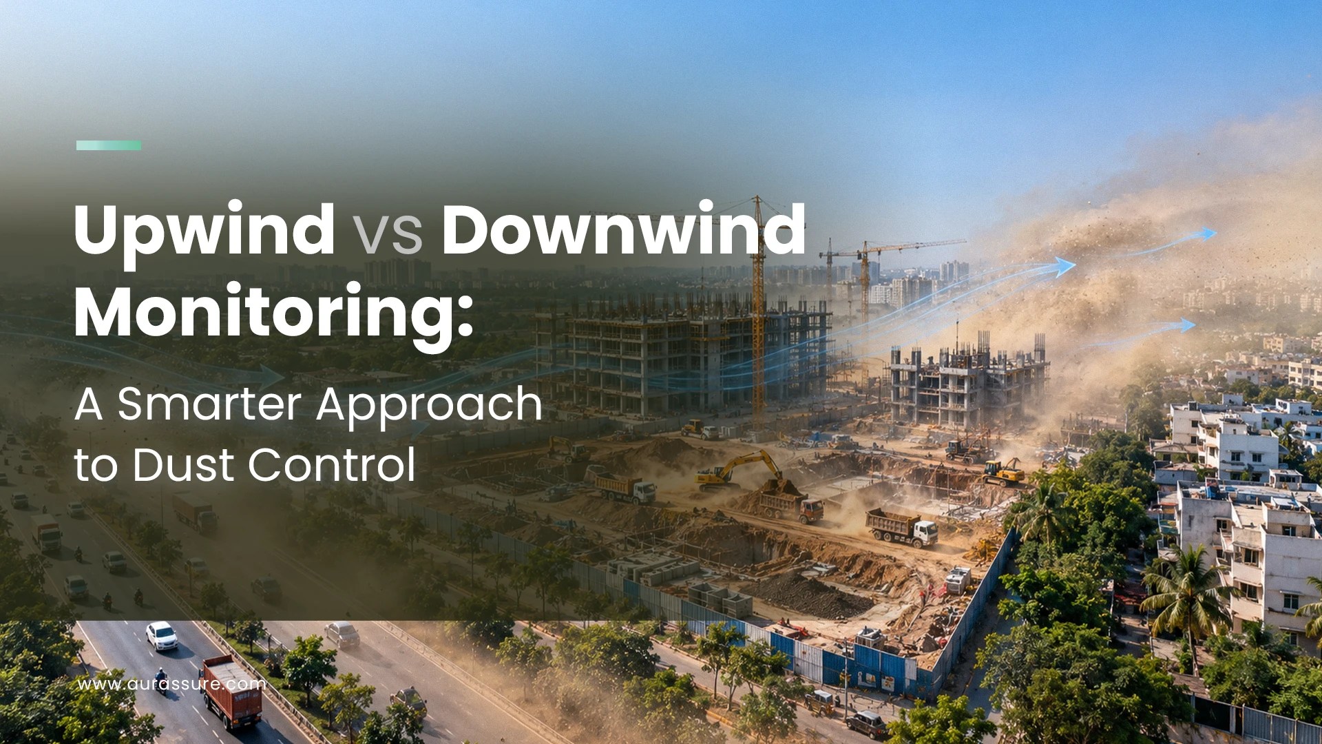 Upwind vs Downwind Monitoring for Dust Control at an Indian construction site, showing wind direction and airborne dust movement.