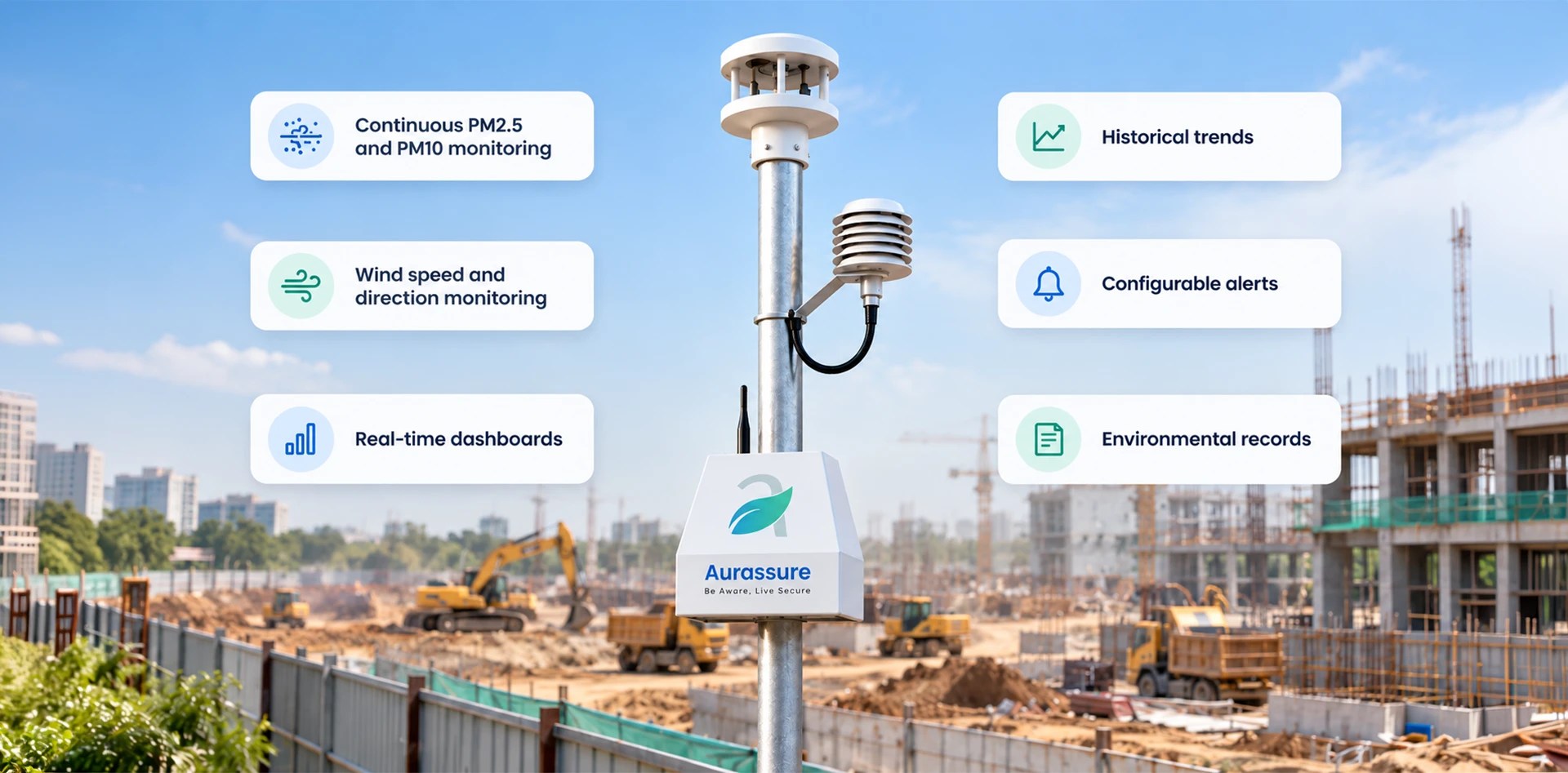 Aurassure Trust air quality monitoring device for Upwind vs Downwind Monitoring for Dust Control, featuring PM10, PM2.5 monitoring and real-time alerts.