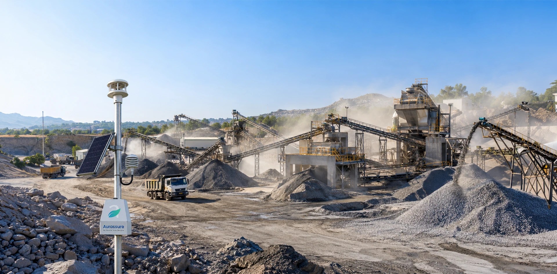 PM10 monitoring around stone crushers using an Aurassure air quality sensor with solar power and weather monitoring
