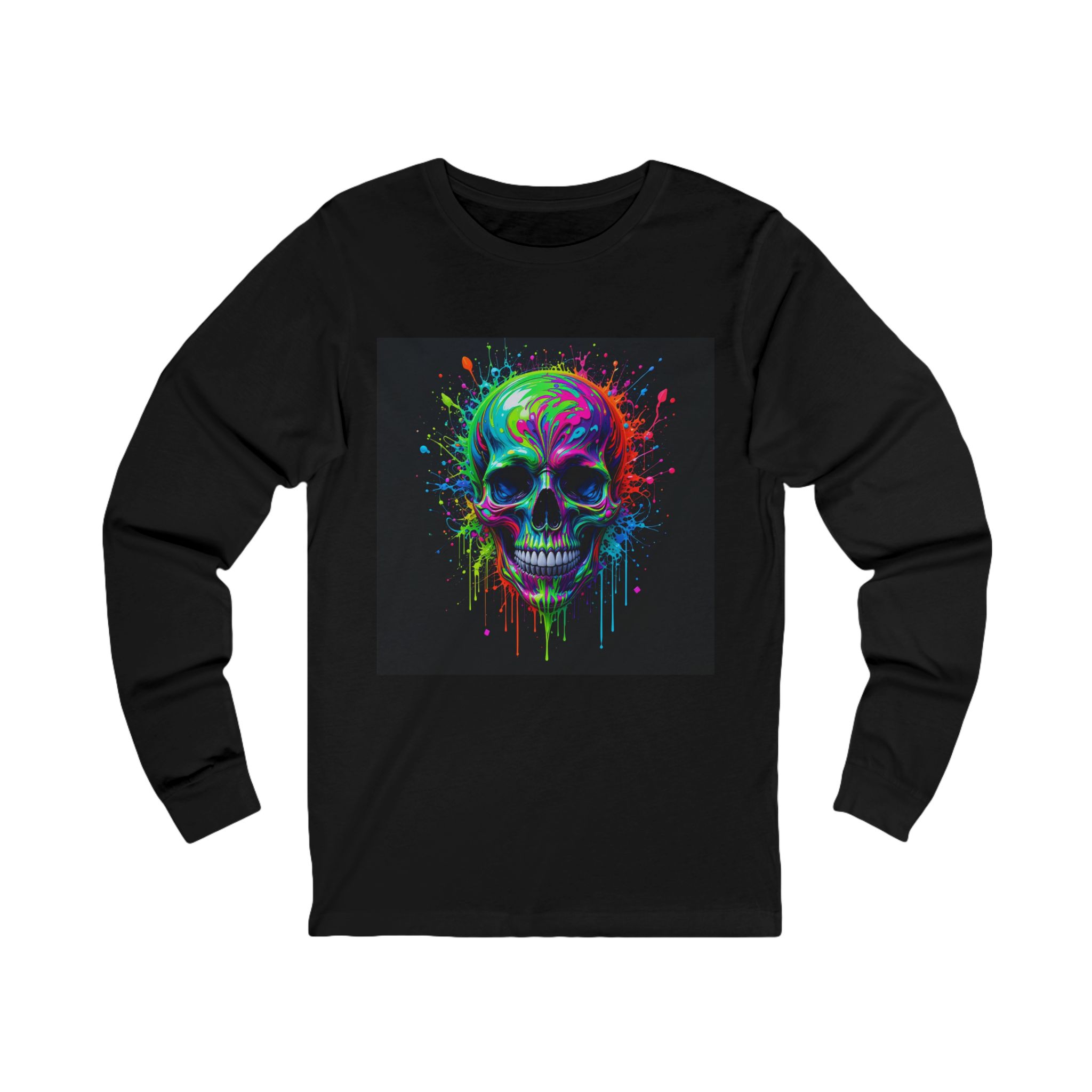 Neon Skull Long Sleeve T-Shirt — Neon Skull Art Tee Abstract